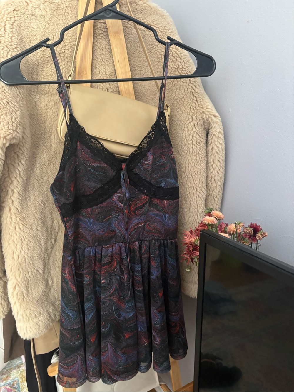 Urban Outfitters Black Multicolor Swirl Lace-Trim Mini Dress